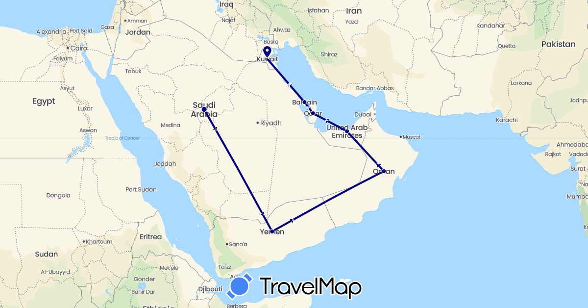 TravelMap itinerary: driving in United Arab Emirates, Bahrain, Kuwait, Oman, Qatar, Saudi Arabia, Yemen (Asia)
